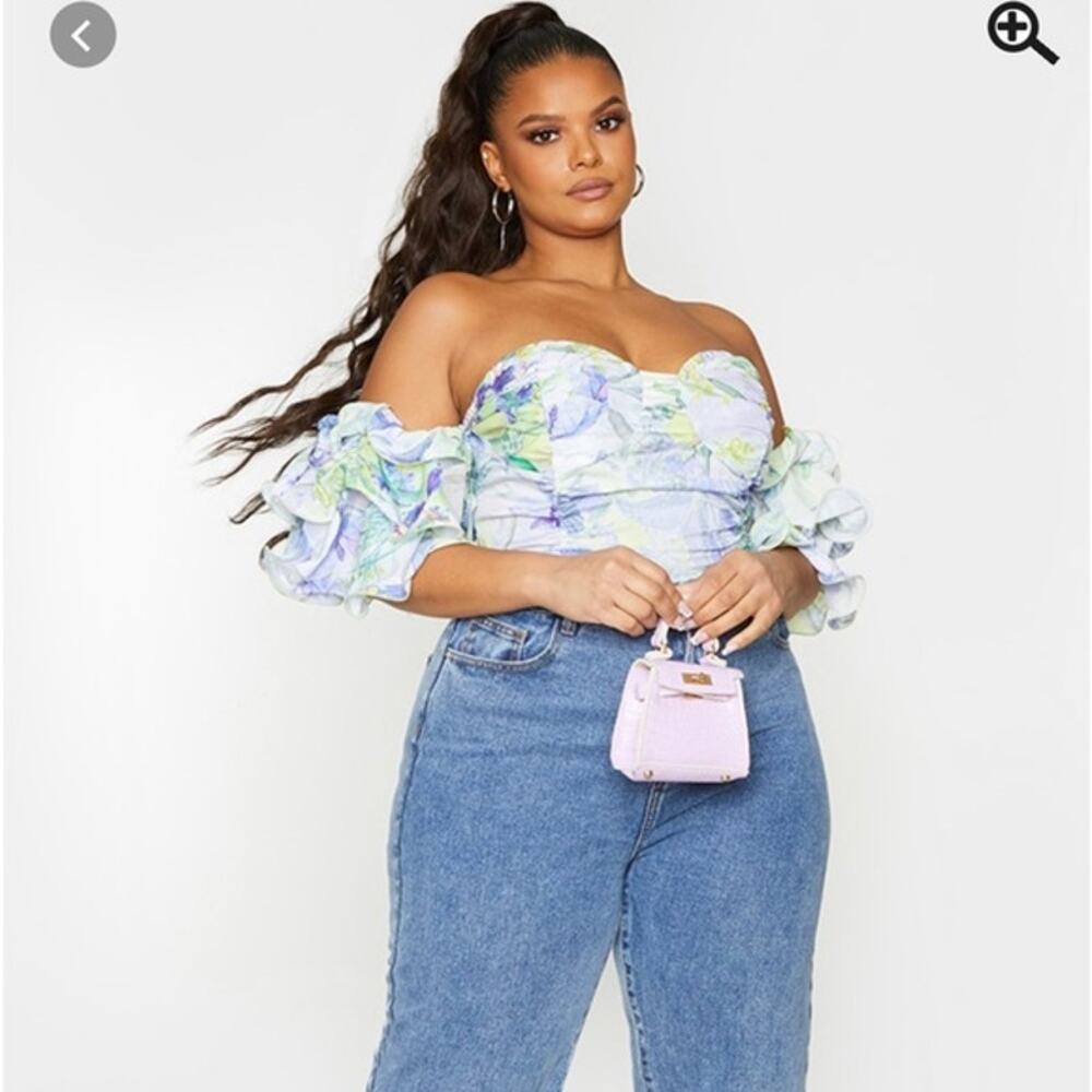 Pretty Little Thing Plus White Floral Ruffle Puff Sleeve Bardot Crop Top Size 14